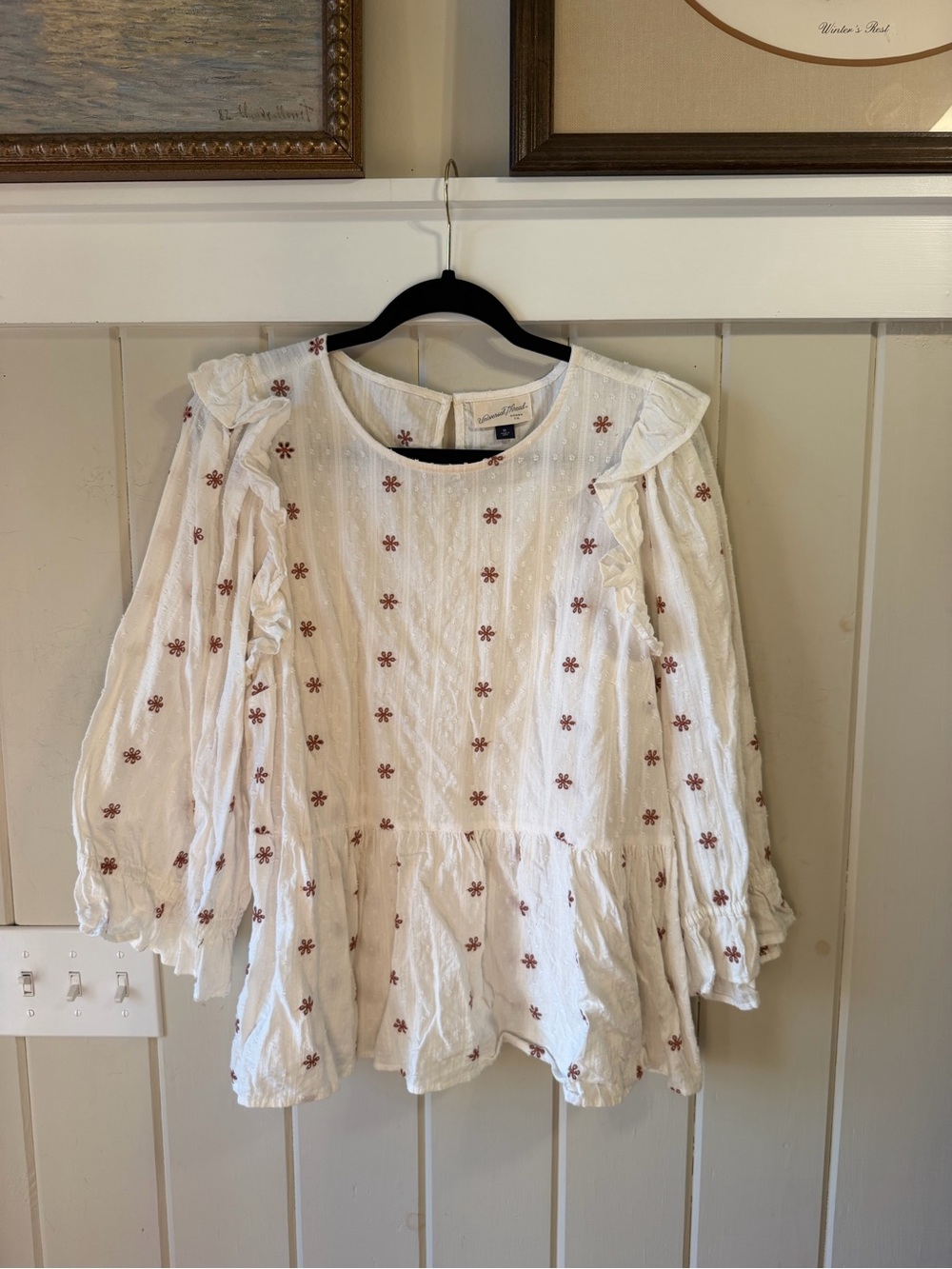 Universal Thread Cream Peasant Top w/ Brown Floral Embroidery, Size XL